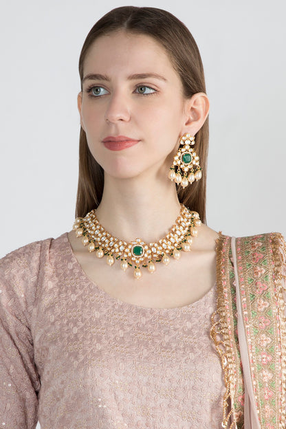 Gold Finish Kundan Polki & Green Stone Necklace Set