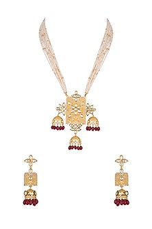 Gold Finish Kundan Polki & Faux Pearl Pendant Necklace Set