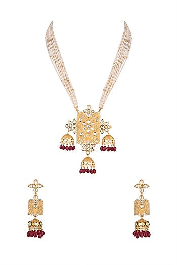 Gold Finish Kundan Polki & Faux Pearl Pendant Necklace Set