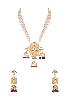 Gold Finish Kundan Polki & Faux Pearl Pendant Necklace Set