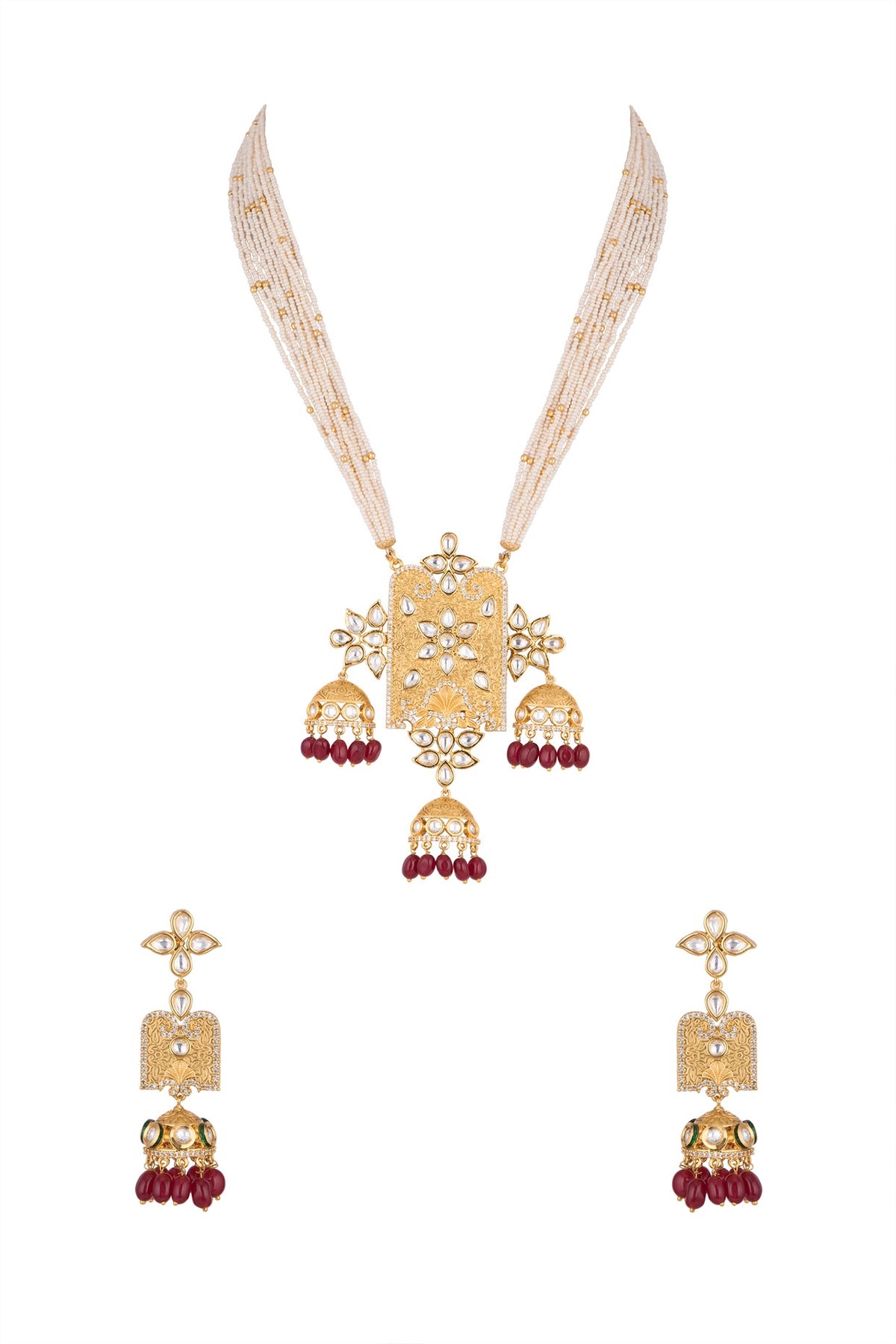 Gold Finish Kundan Polki & Faux Pearl Pendant Necklace Set