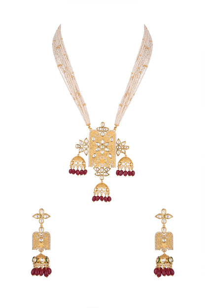 Gold Finish Kundan Polki & Faux Pearl Pendant Necklace Set