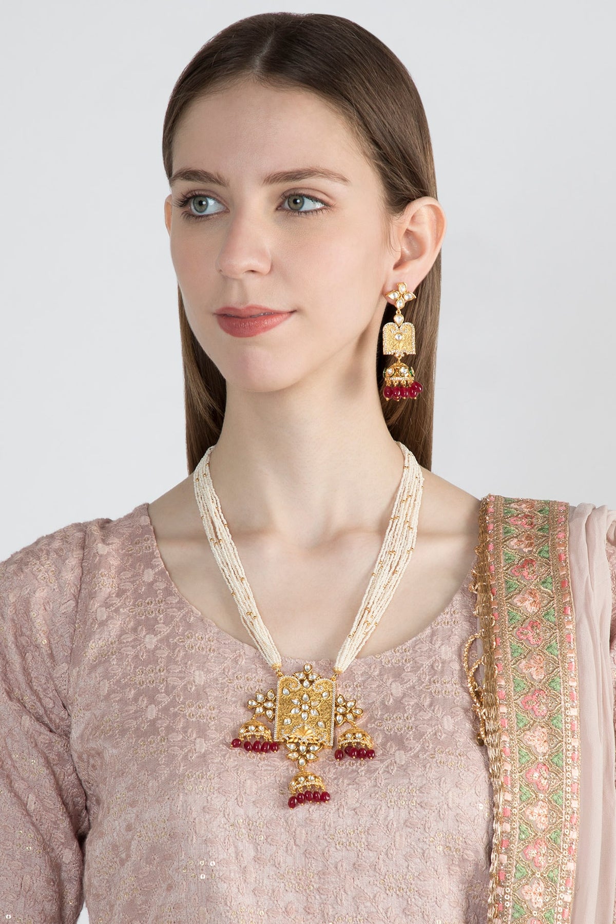 Gold Finish Kundan Polki & Faux Pearl Pendant Necklace Set