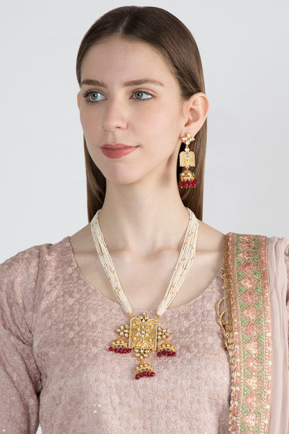 Gold Finish Kundan Polki & Faux Pearl Pendant Necklace Set