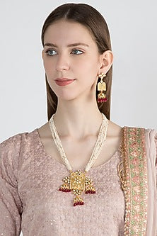 Gold Finish Kundan Polki & Faux Pearl Pendant Necklace Set