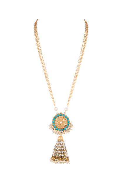 Gold Finish Faux Pearl & Turquoise Stone Chain Pendant Necklace