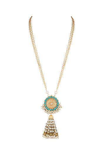 Gold Finish Faux Pearl & Turquoise Stone Chain Pendant Necklace