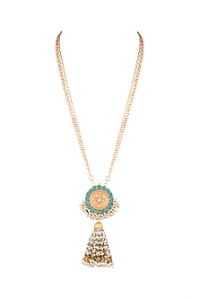 Gold Finish Faux Pearl & Turquoise Stone Chain Pendant Necklace