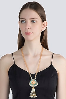 Gold Finish Faux Pearl & Turquoise Stone Chain Pendant Necklace