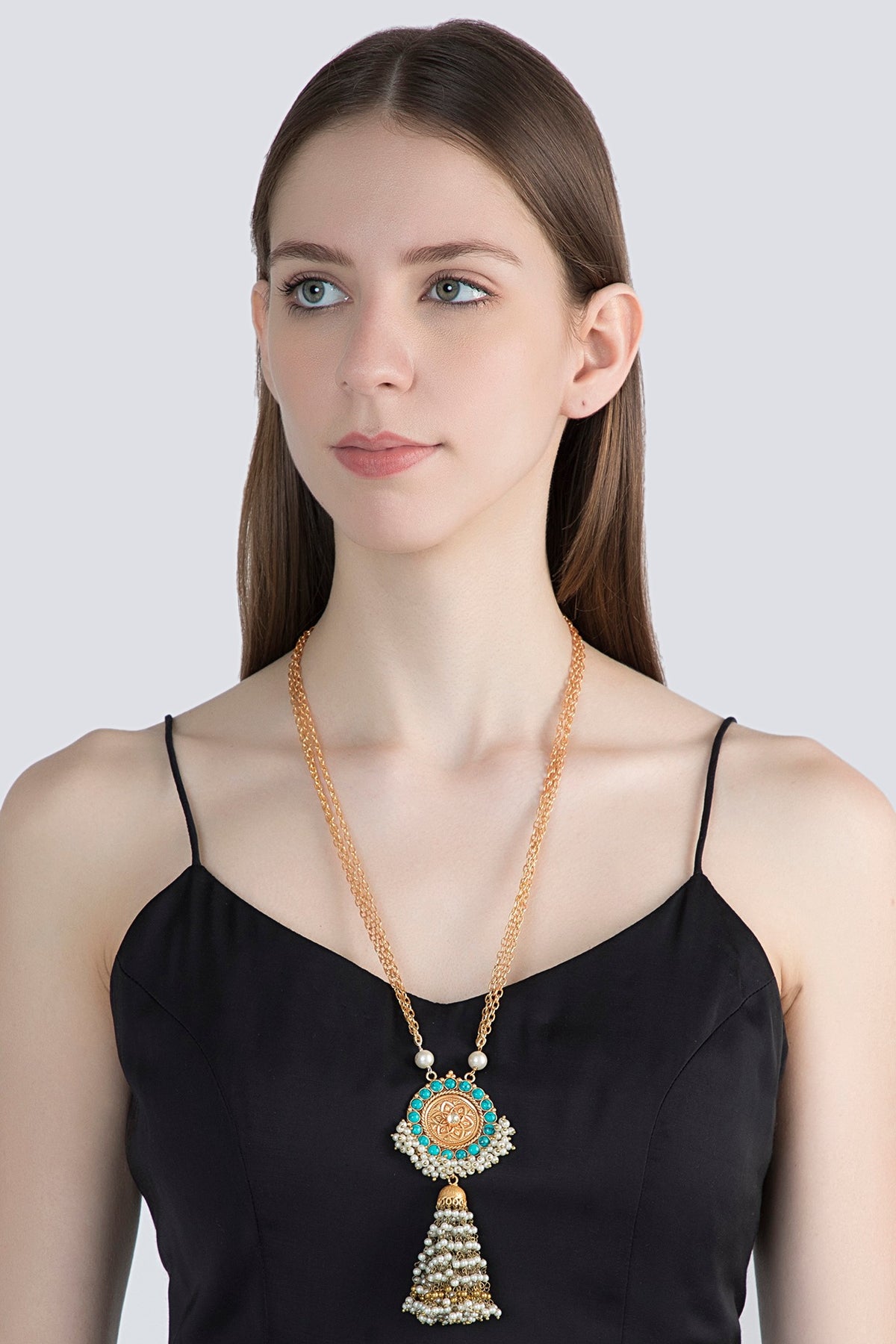Gold Finish Faux Pearl & Turquoise Stone Chain Pendant Necklace