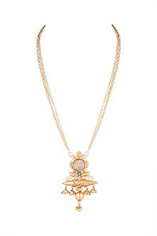 Gold Finish Faux Pearl & Blue Stone Chain Pendant Necklace