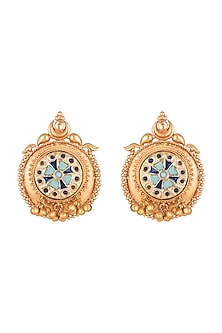 Gold Finish Dark Blue & Turquoise Blue Stone Stud Earrings