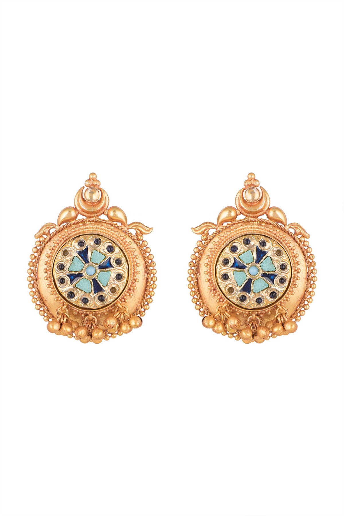 Gold Finish Dark Blue & Turquoise Blue Stone Stud Earrings