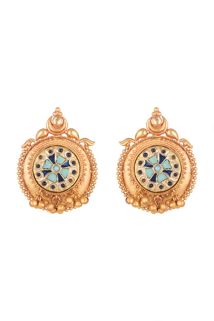 Gold Finish Dark Blue & Turquoise Blue Stone Stud Earrings