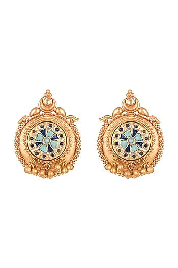Gold Finish Dark Blue & Turquoise Blue Stone Stud Earrings