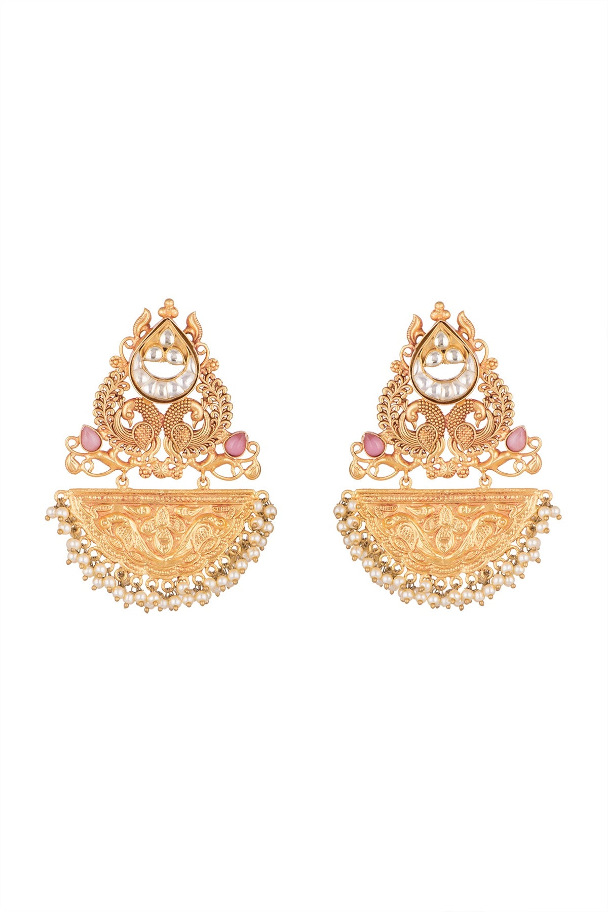 Gold Finish Kundan Polki & Pink Stone Earrings