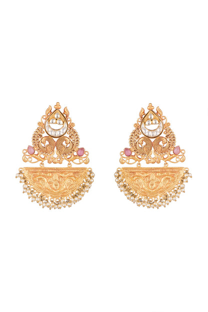 Gold Finish Kundan Polki & Pink Stone Earrings