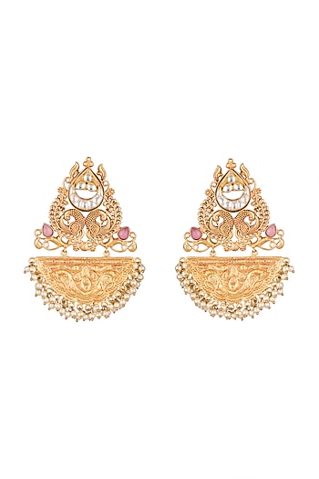 Gold Finish Kundan Polki & Pink Stone Earrings