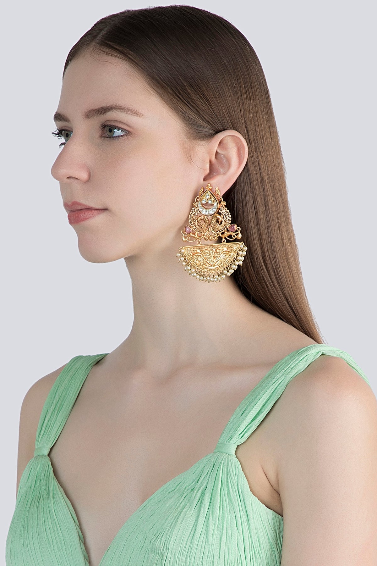 Gold Finish Kundan Polki & Pink Stone Earrings