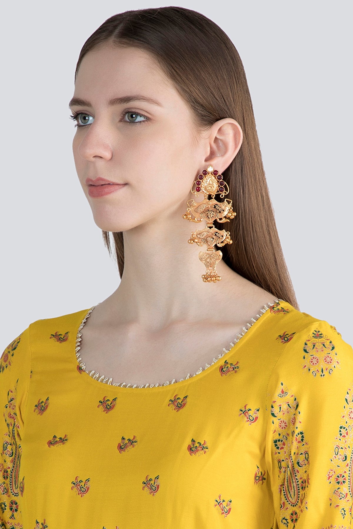 Gold Finish Red Stone Antique Style Earrings