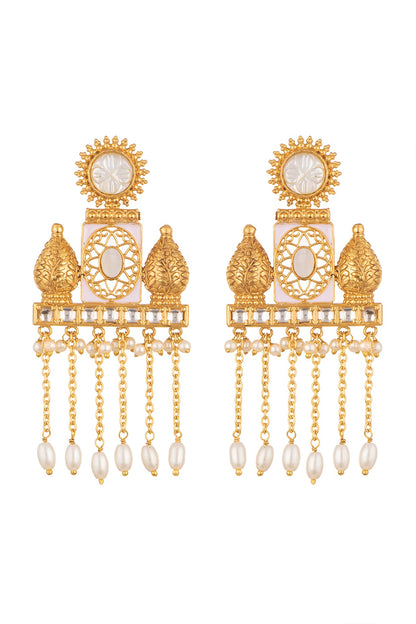 Gold Finish Kundan Polki & White Stones Earrings