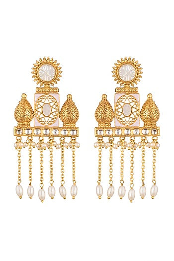 Gold Finish Kundan Polki & White Stones Earrings
