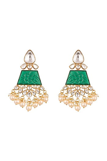 Gold Finish Kundan Polki & Green Stone Earrings