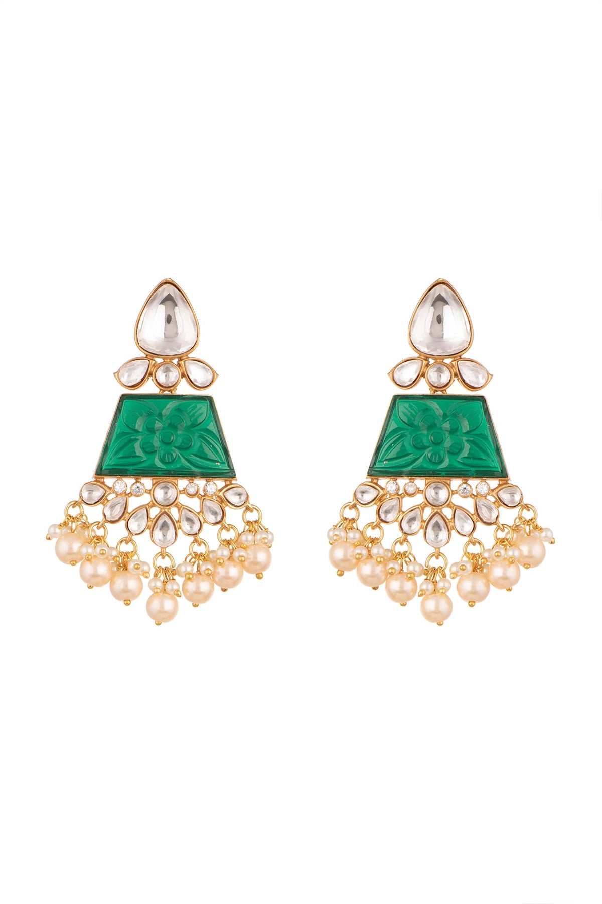 Gold Finish Kundan Polki & Green Stone Earrings