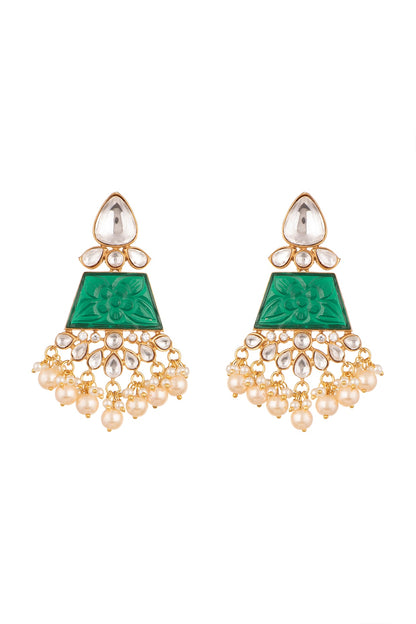 Gold Finish Kundan Polki & Green Stone Earrings