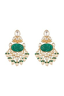 Gold Finish Kundan Polki & Green Stones Earrings