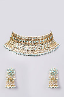 Gold Finish Blue Stone & Pearl Drop Choker Necklace Set