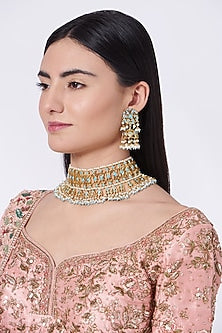 Gold Finish Blue Stone & Pearl Drop Choker Necklace Set