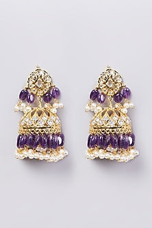 Gold Finish Kundan Polki & Purple Drop Jhumka Earrings