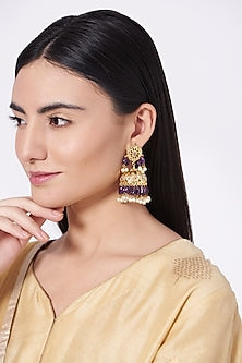 Gold Finish Kundan Polki & Purple Drop Jhumka Earrings