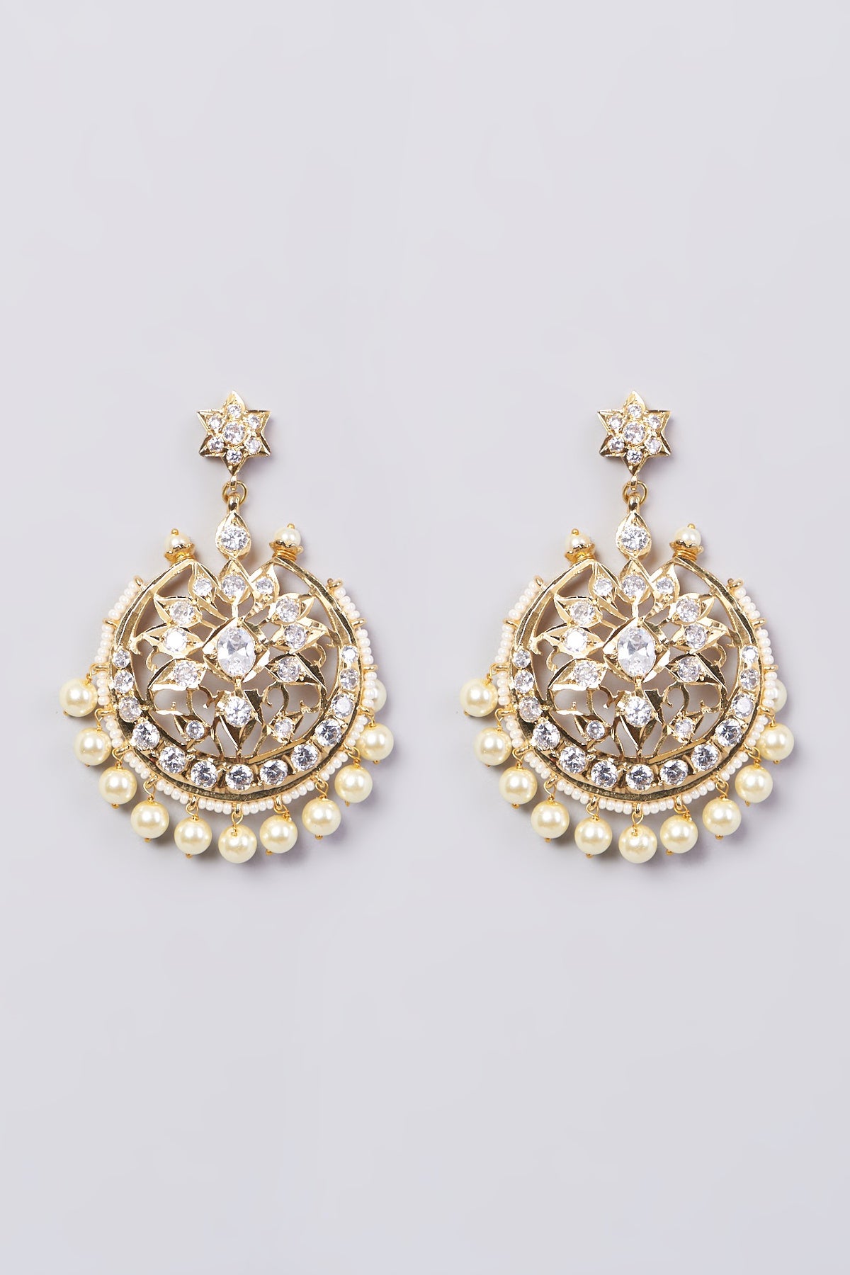 Gold Finish Kundan Polki & Pearl Drop Chandbaali Earrings