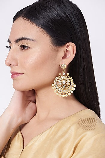 Gold Finish Kundan Polki & Pearl Drop Chandbaali Earrings