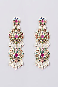 Gold Finish Multi-Colored Stones & Pearl Drop Earrings