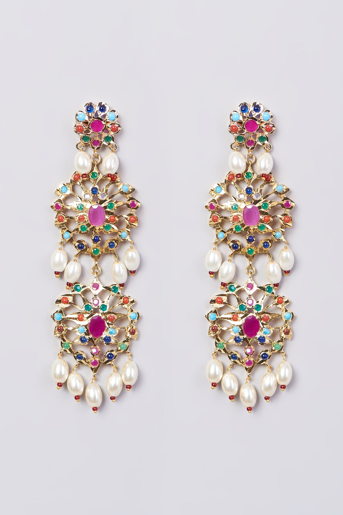 Gold Finish Multi-Colored Stones & Pearl Drop Earrings