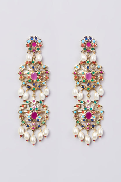 Gold Finish Multi-Colored Stones & Pearl Drop Earrings