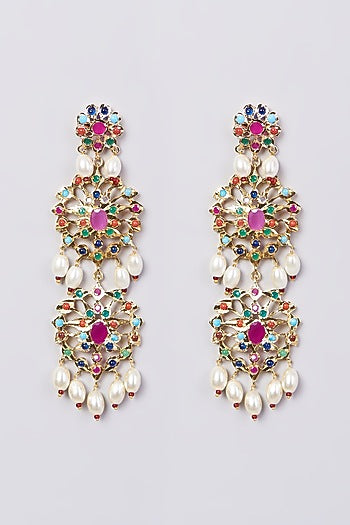 Gold Finish Multi-Colored Stones & Pearl Drop Earrings