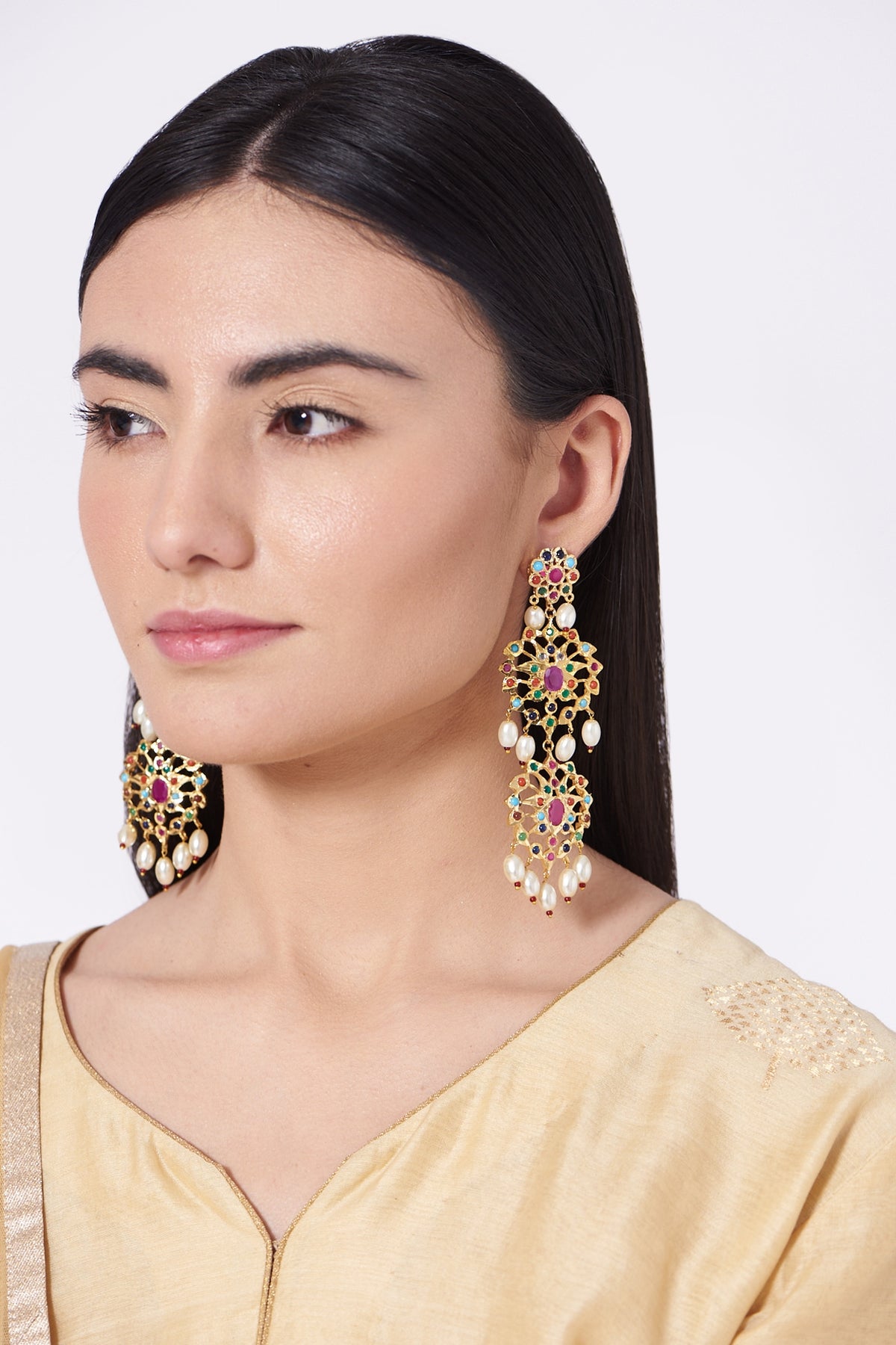Gold Finish Multi-Colored Stones & Pearl Drop Earrings