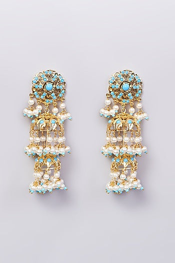 Gold Finish Pearl & Blue Stone Jhumka Earrings