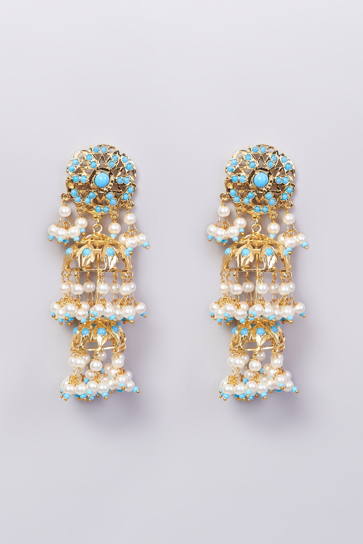 Gold Finish Pearl & Blue Stone Jhumka Earrings