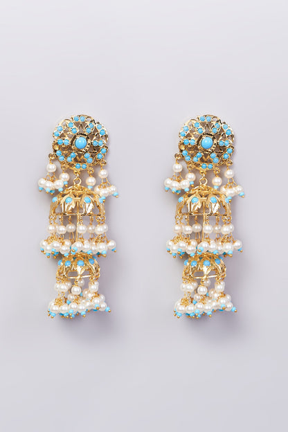 Gold Finish Pearl & Blue Stone Jhumka Earrings