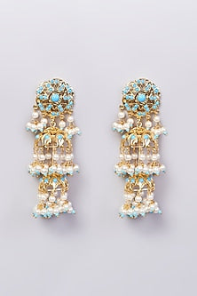 Gold Finish Pearl & Blue Stone Jhumka Earrings