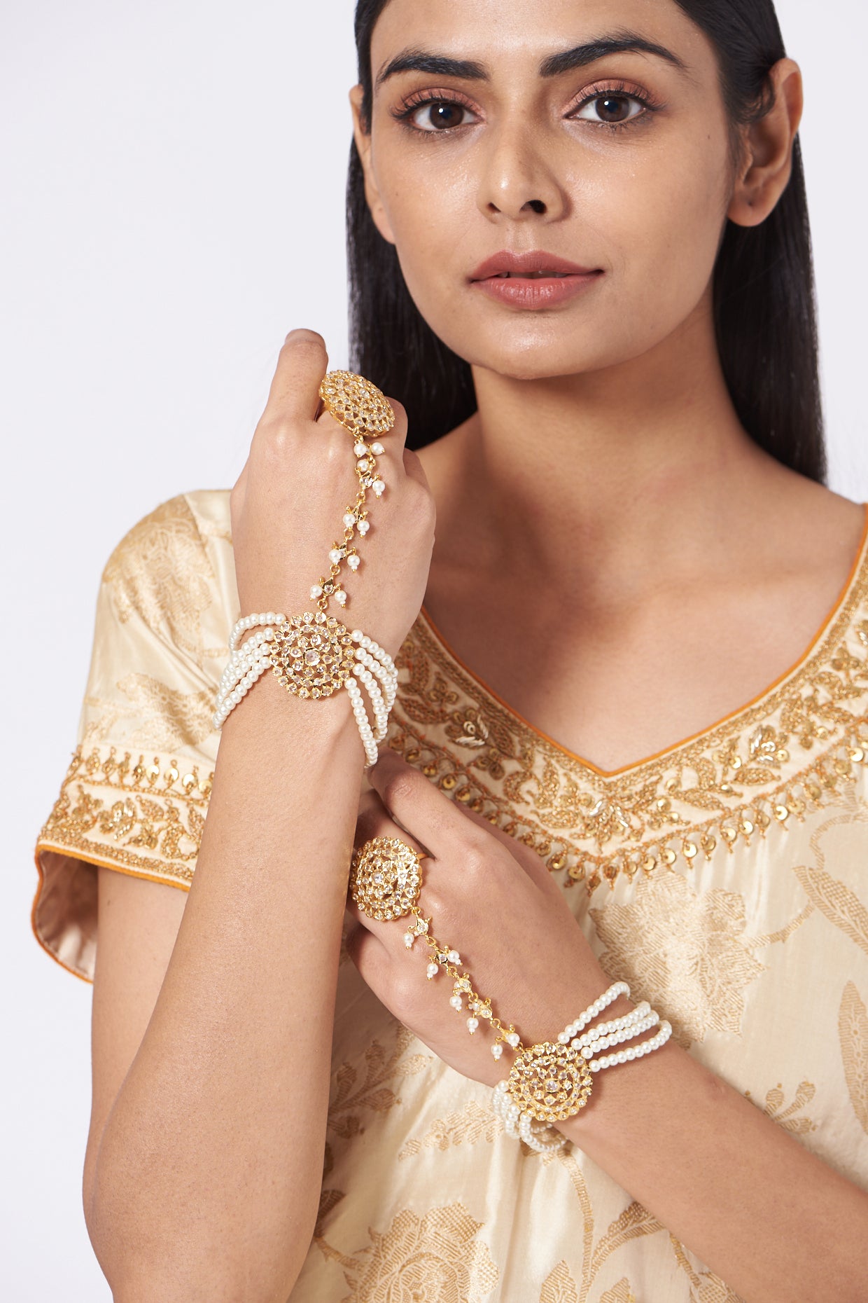 Gold Finish Pearl Haath Phool (Set Of 2)