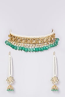 Gold Finish Kundan Polki & Green Drop Necklace Set