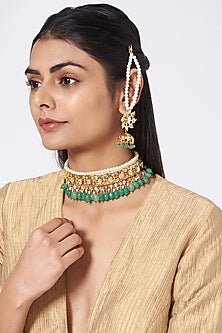 Gold Finish Kundan Polki & Green Drop Necklace Set