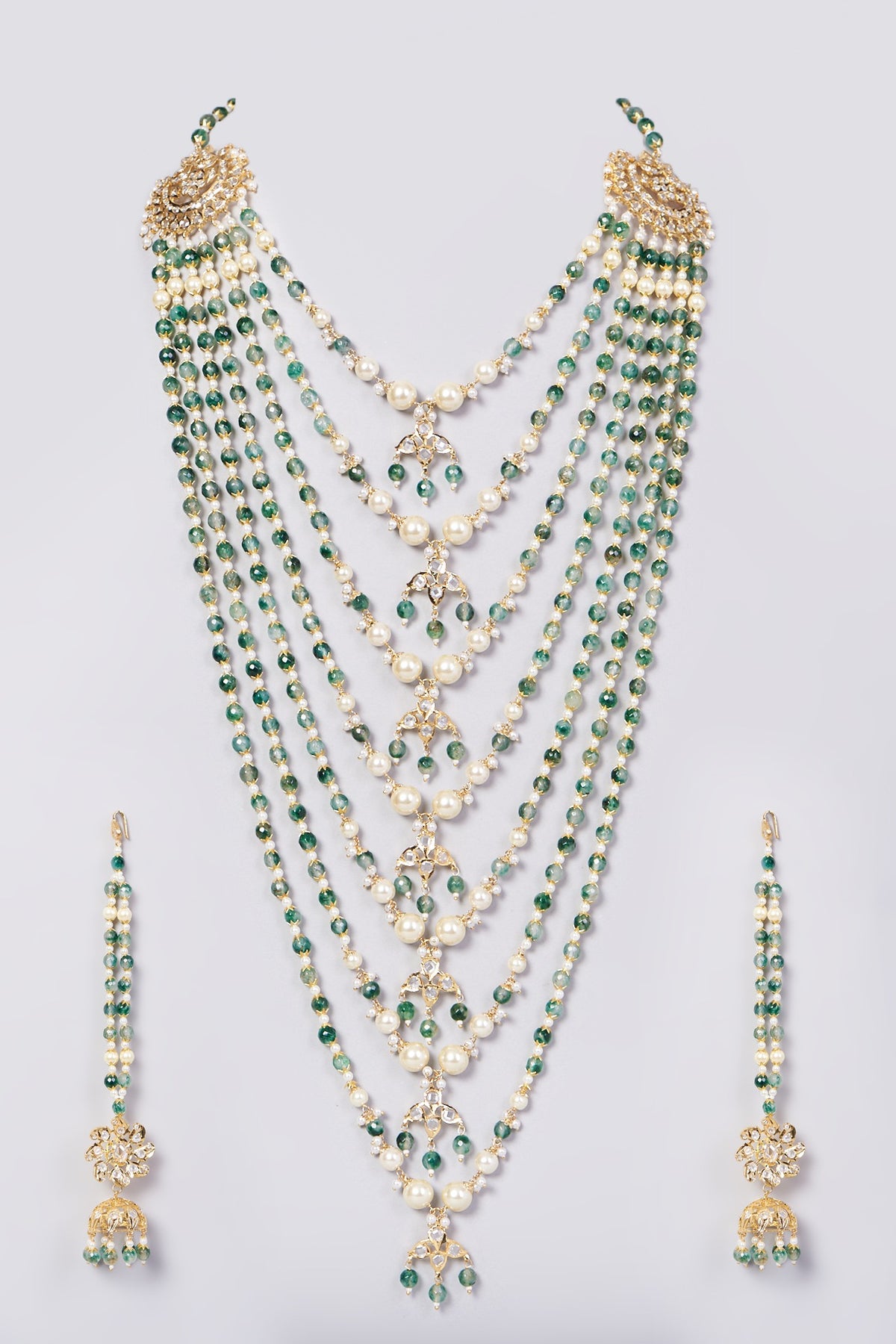 Gold Finish Kundan Polki & Green Drop Layered Necklace Set