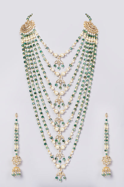Gold Finish Kundan Polki & Green Drop Layered Necklace Set